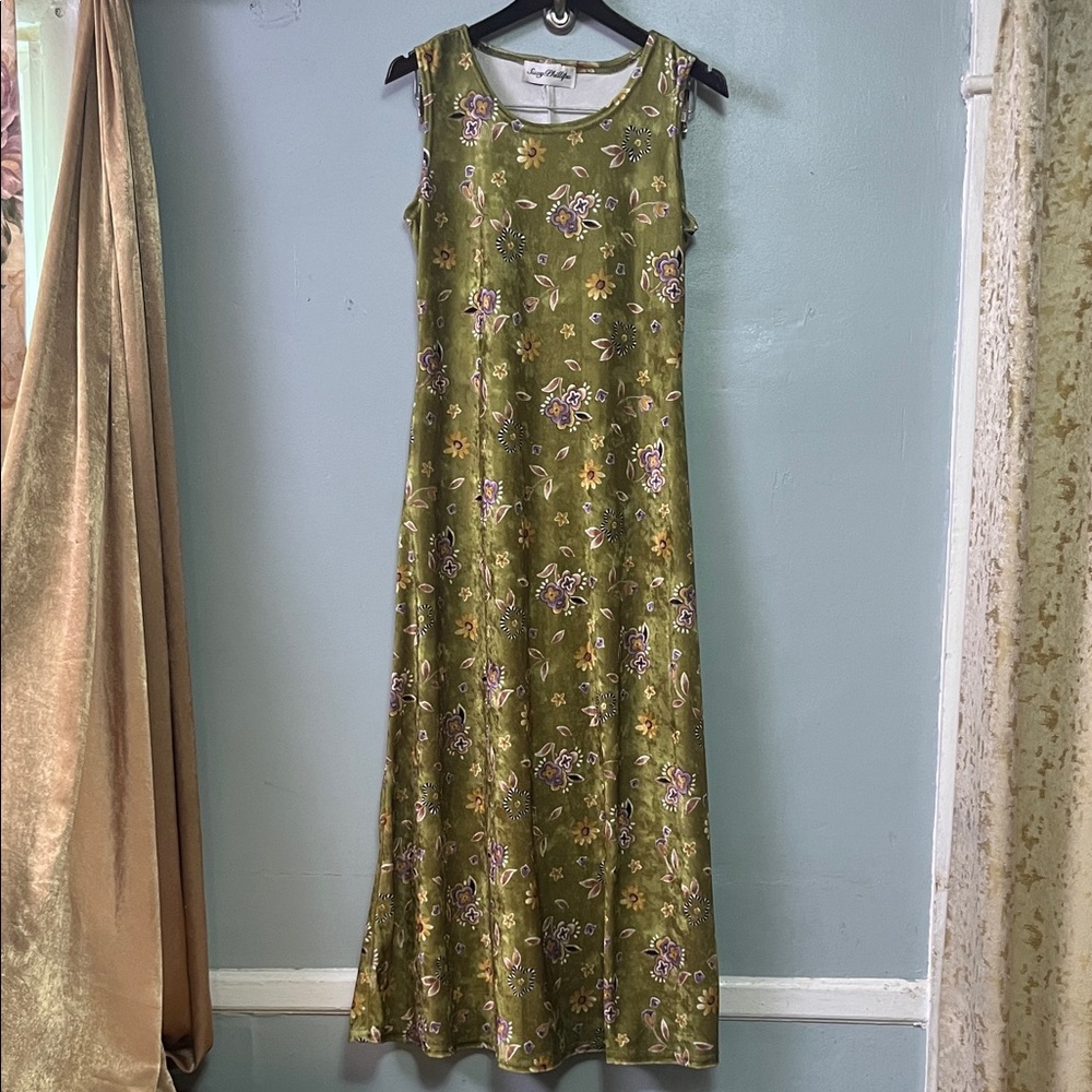 Vintage Suzy Phillips Floral Velvet Green Sleeveless Dress